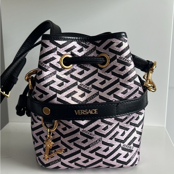 Versace La Greca Bucket Bag Black and Purple Glitter Print - Picture 2 of 6